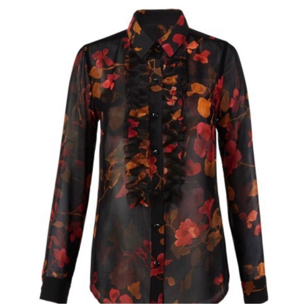 CAbi Black, Orange and Red Floral Ruffle Front Button Down Blouse - Picture 4 of 11
